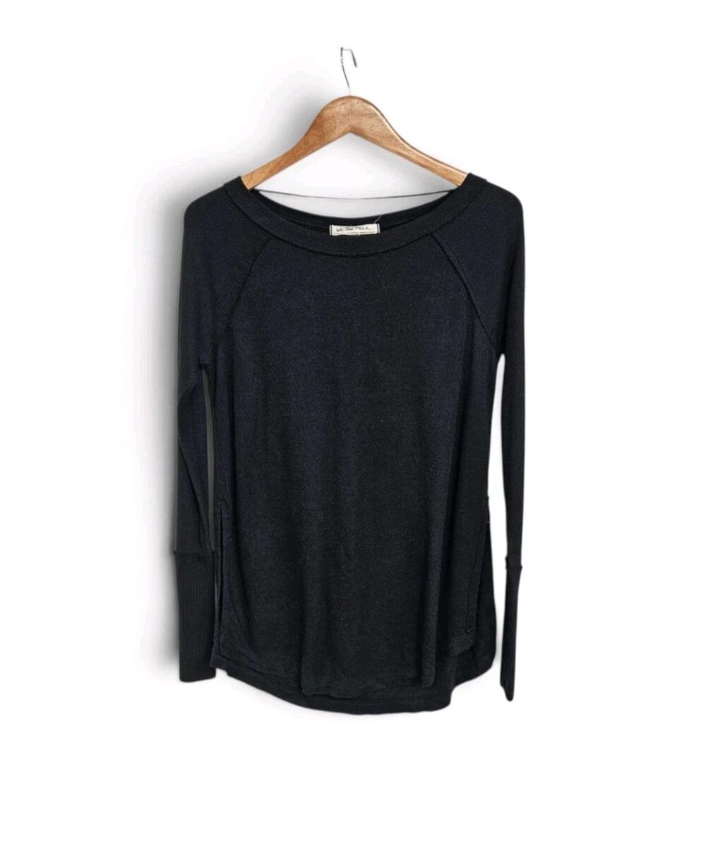 We The Free Black Soft Thermal Long Sleeve Wide Neck Side Slit Shirt Size XS